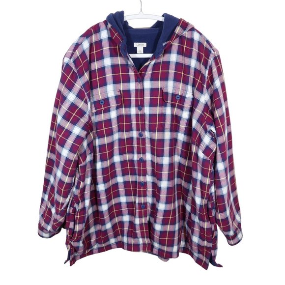 LL BEAN Hooded Burgundy Plaid Fleece Lined Flannel Shirt Shacket w/ Pockets 1X - Picture 1 of 7